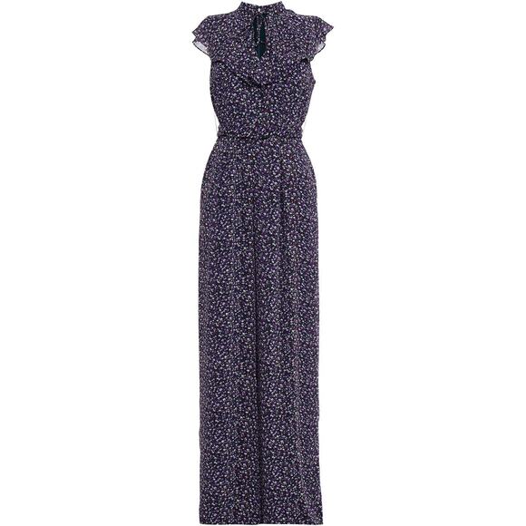 Mikael Aghal Belted Ruffled Floral Jumpsuit in Purple Size 6 - Picture 10 of 12